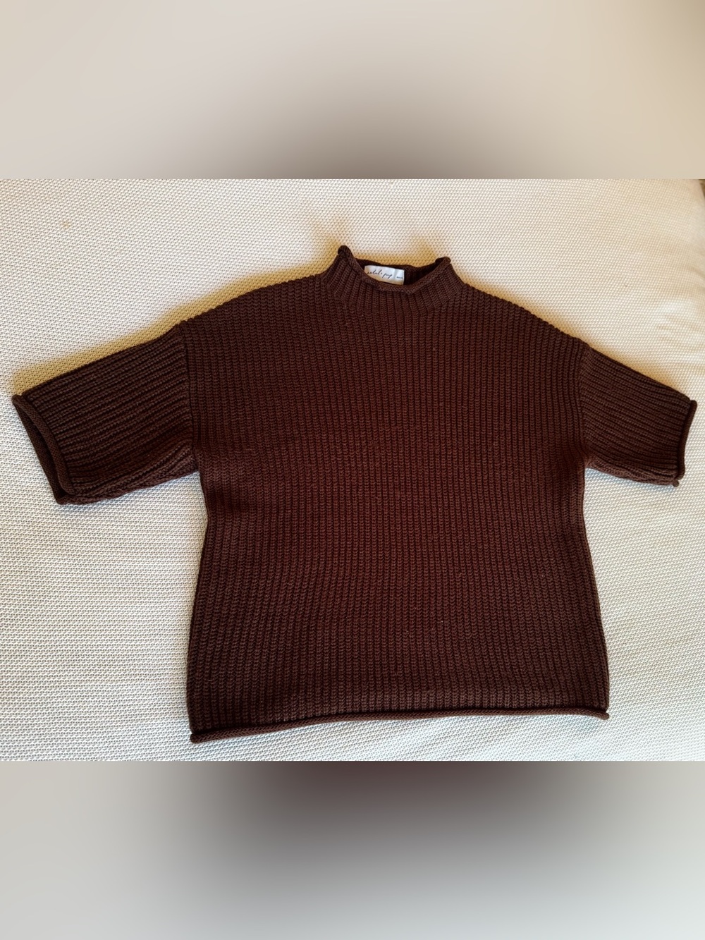 PETAL & PUP Remi Chocolate Brown Ribbed Mock Neck Sweater 1/2 Sleeve - Picture 5 of 14